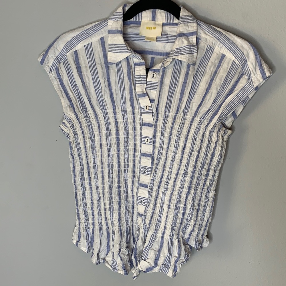 Maeve Anthro blue white smocked button shirt xs